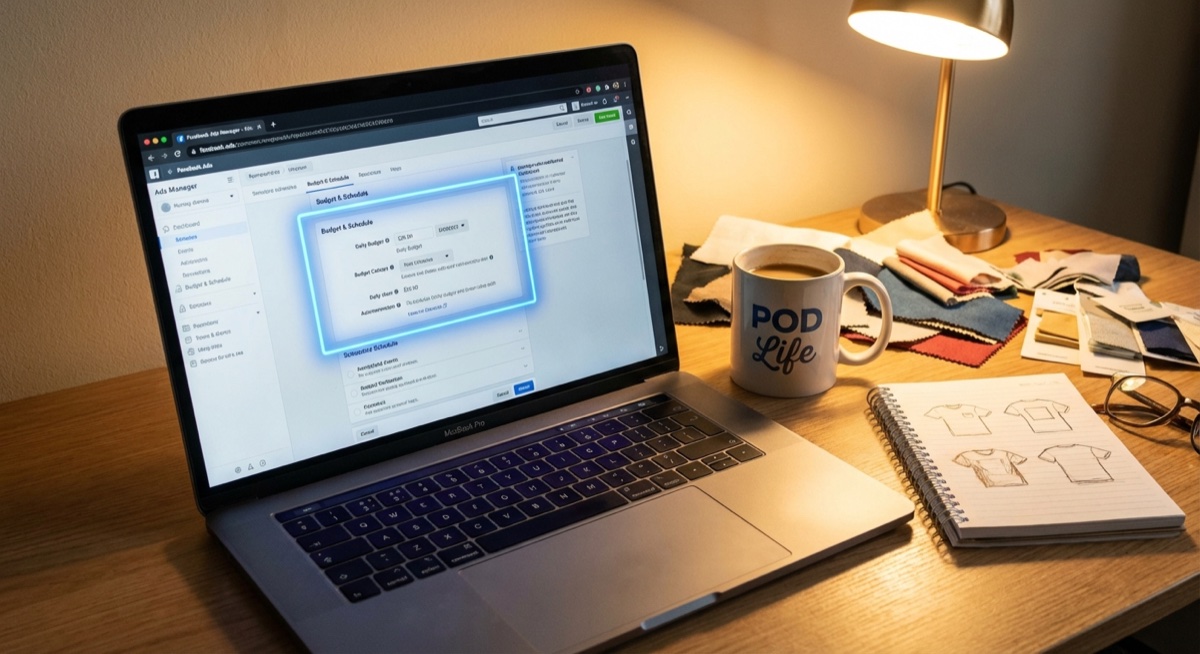 Facebook Ads Manager dashboard showing budget settings for print on demand advertising