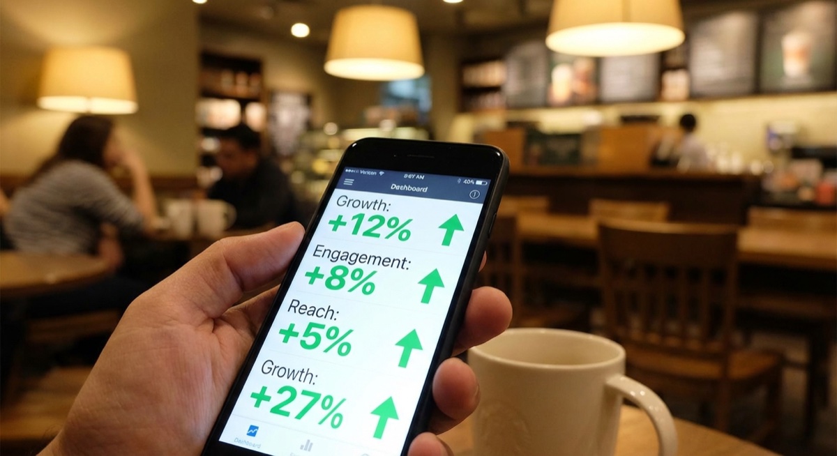 Mobile phone showing ecommerce metrics and analytics for ad performance tracking