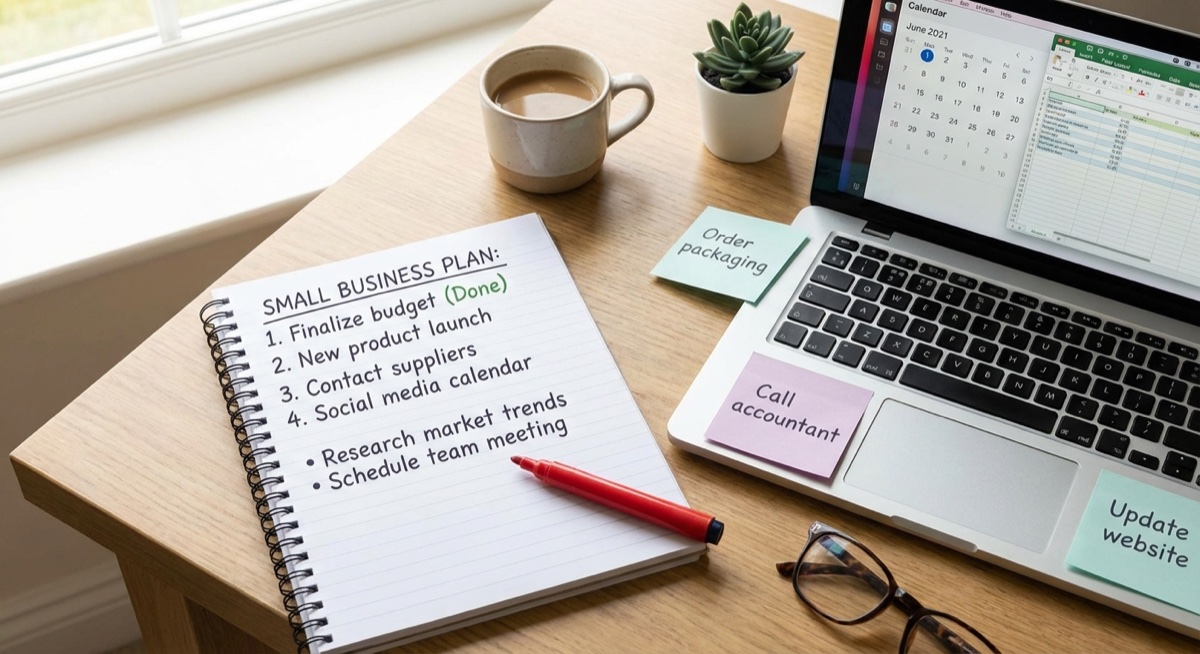 Notebook with checklist for tracking Facebook ad metrics next to laptop