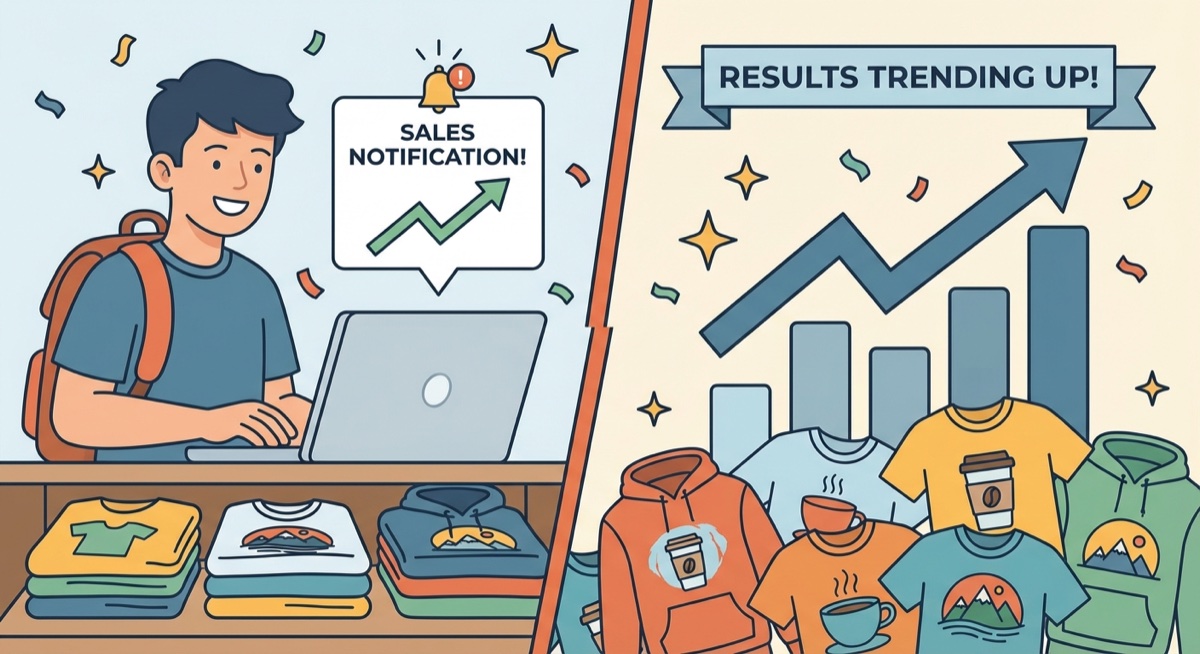 Print on demand student checking sales results on laptop