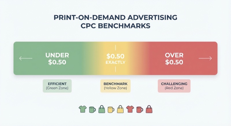 Cost per click benchmark ranges for print on demand: green zone under $1.50, yellow warning zone $1.50-$2.50, red zone over $2.50