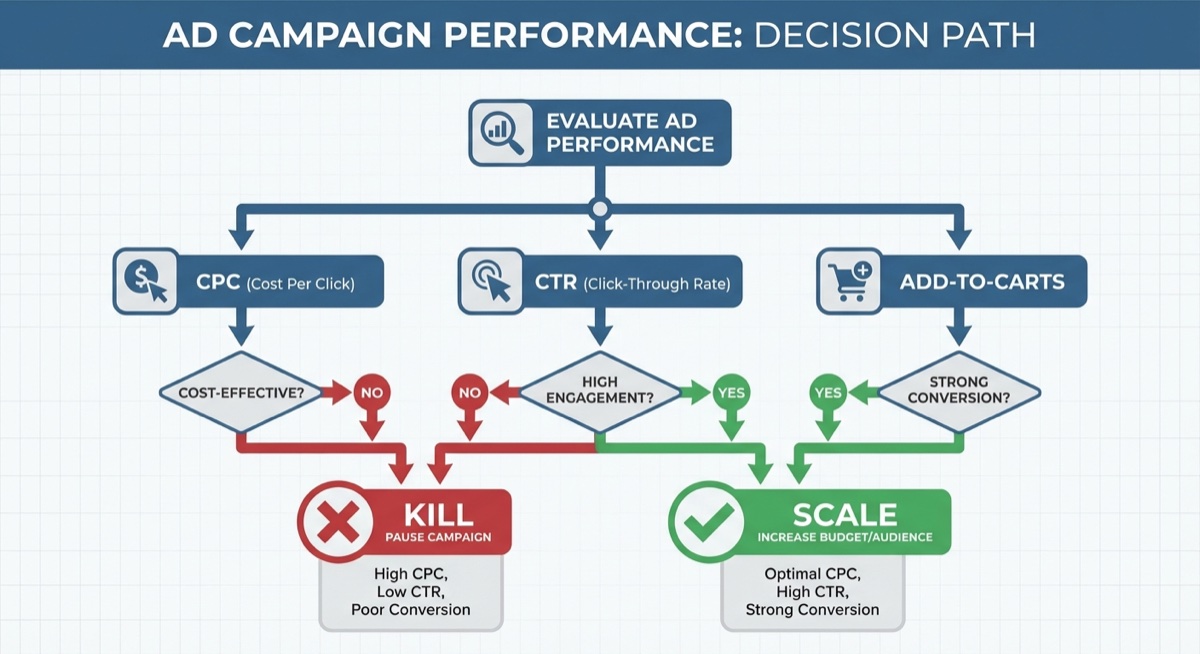 Decision matrix flowchart for killing or scaling Facebook ads based on CPC, CTR and add-to-cart metrics