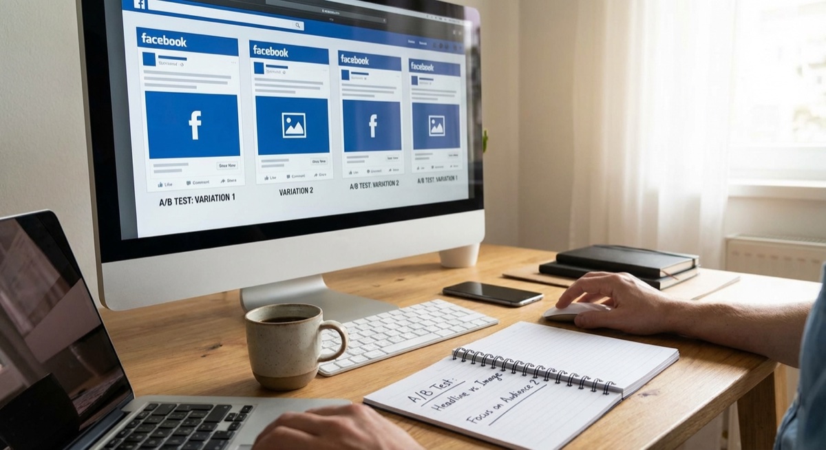 Entrepreneur testing multiple Facebook ad variations on computer for print on demand business optimization