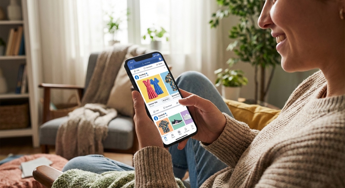 Person scrolling through Facebook ads on mobile phone while shopping for print on demand products