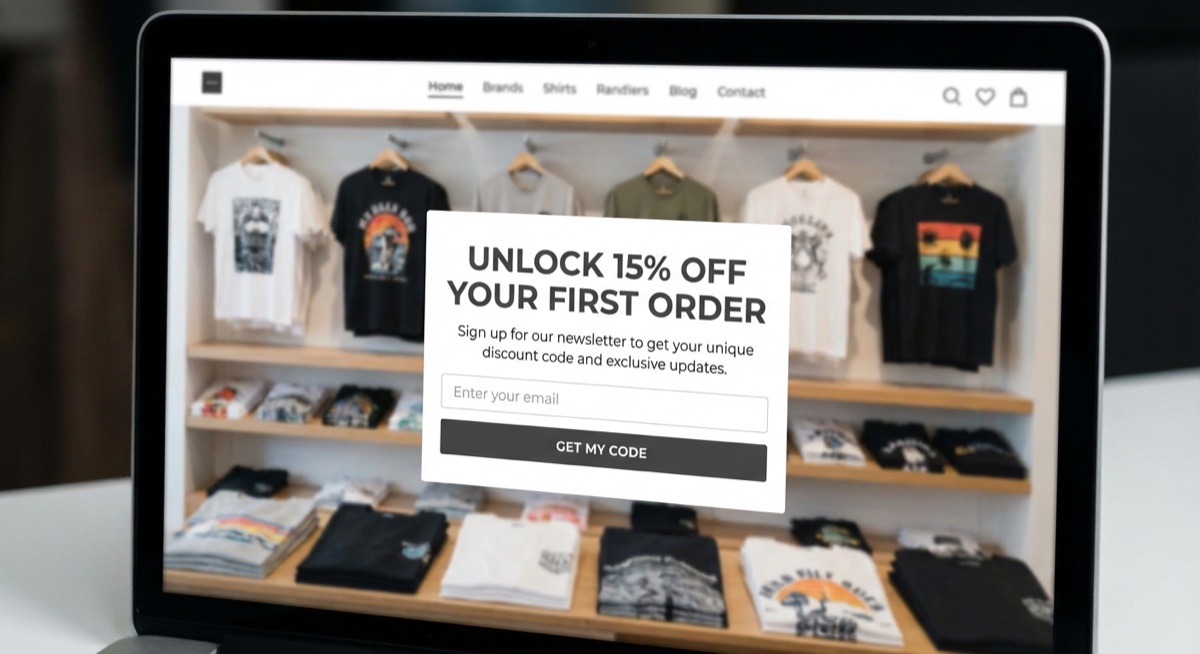Email popup on print on demand store offering discount code