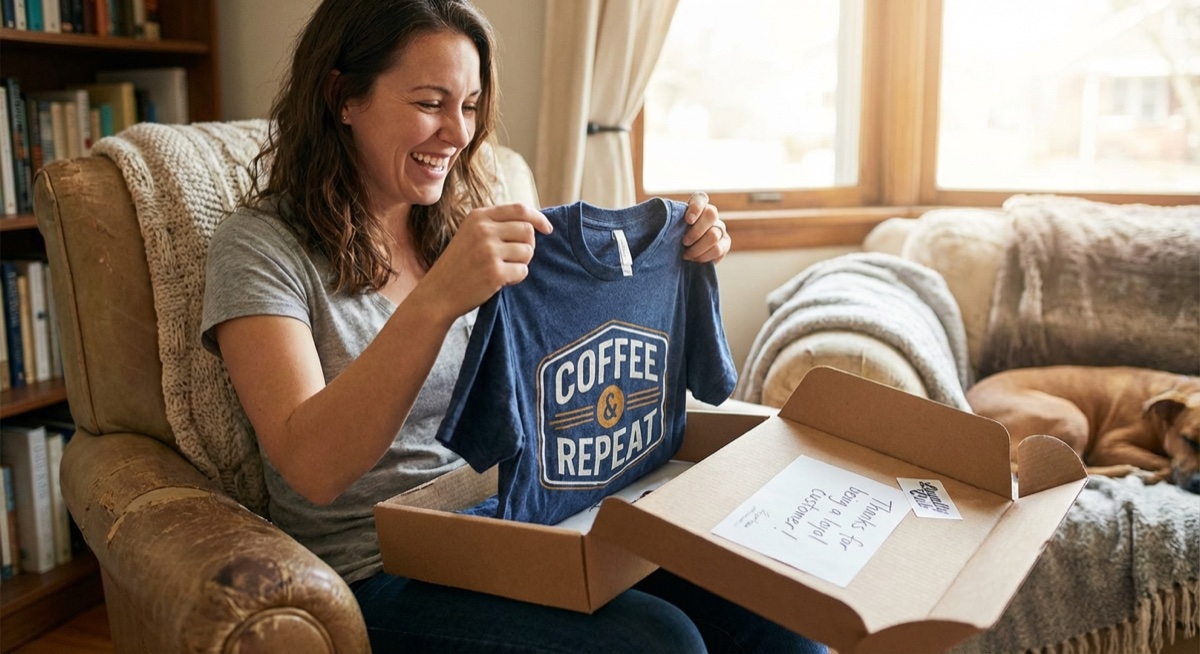 Happy customer receiving print on demand package - repeat buyers drive profit