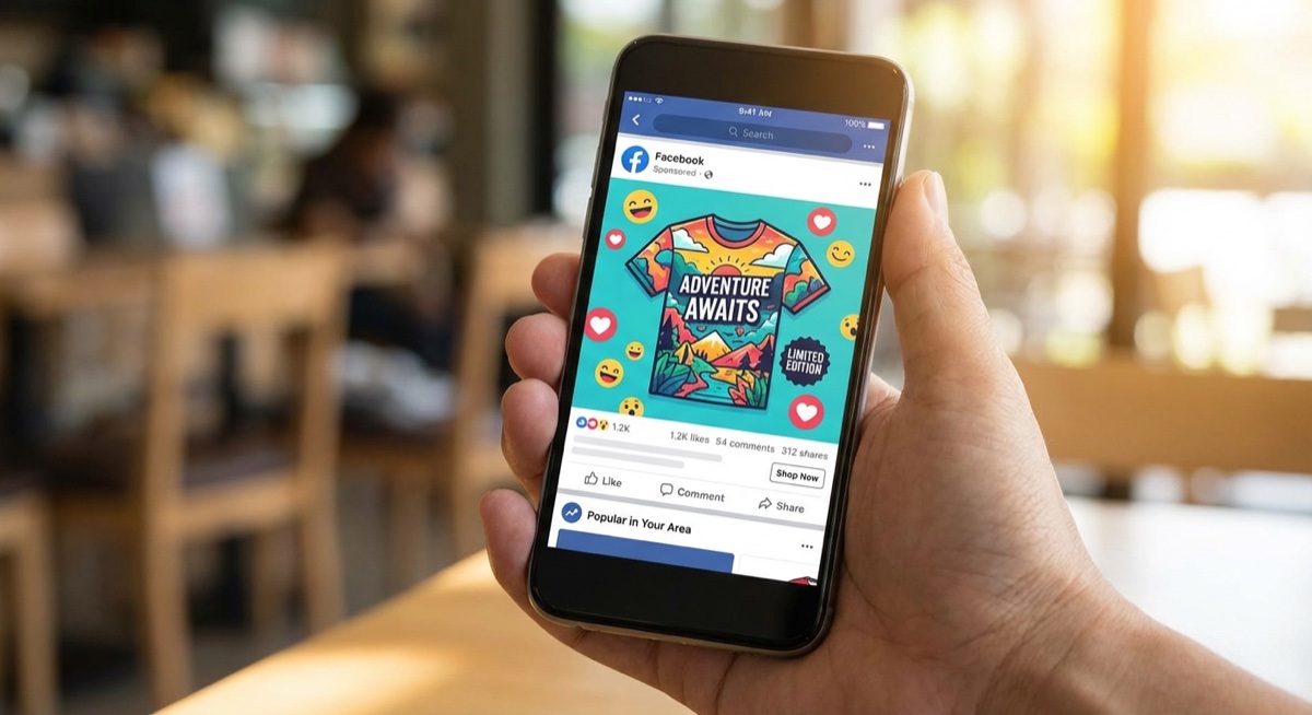 Facebook ad showing t-shirt design on mobile phone