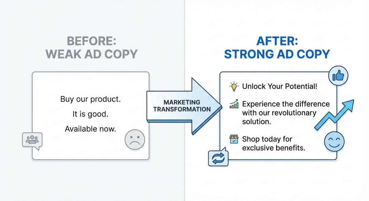 Before and after comparison of weak vs strong ad copy