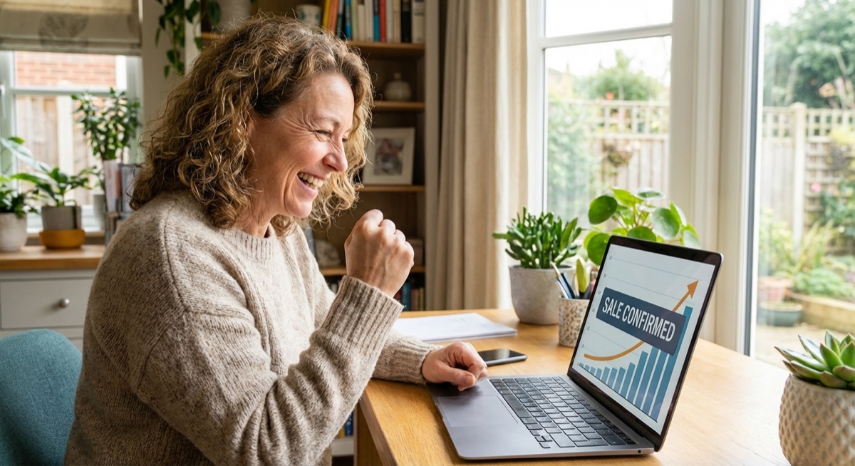 Print on demand seller celebrating successful Facebook ad campaign