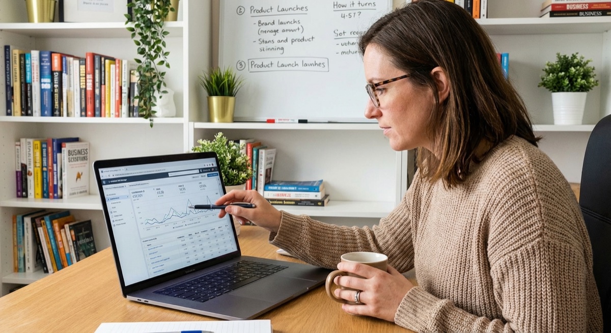 Print on demand seller analyzing Facebook ad performance metrics on laptop