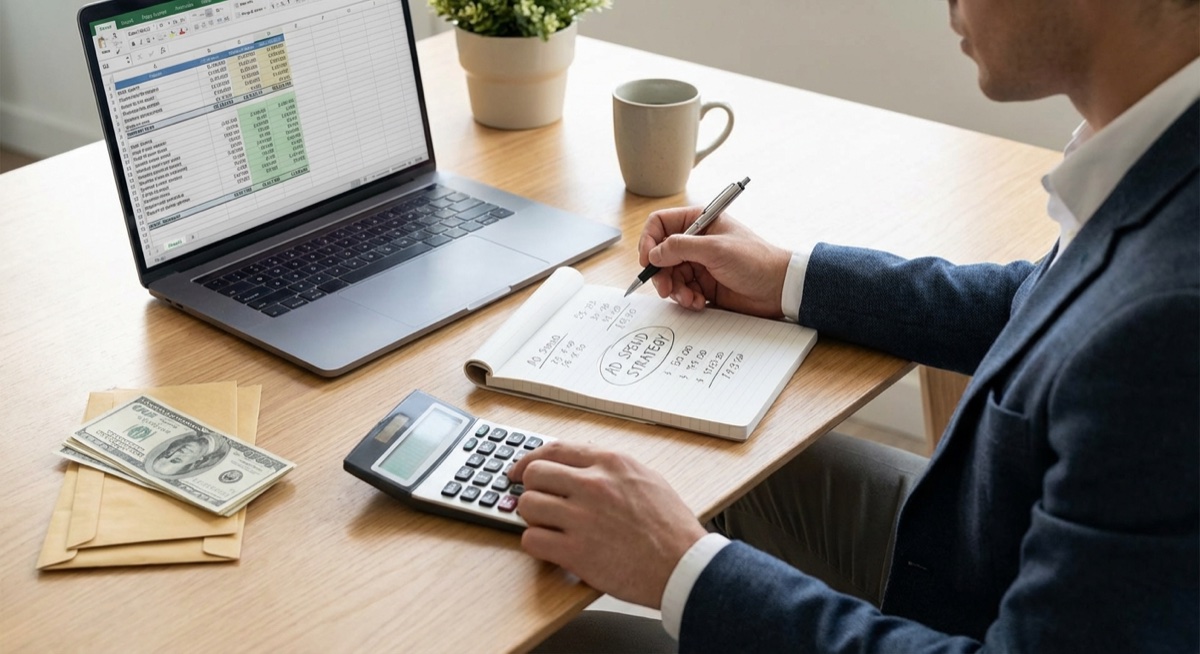 Entrepreneur planning advertising budget for print on demand testing