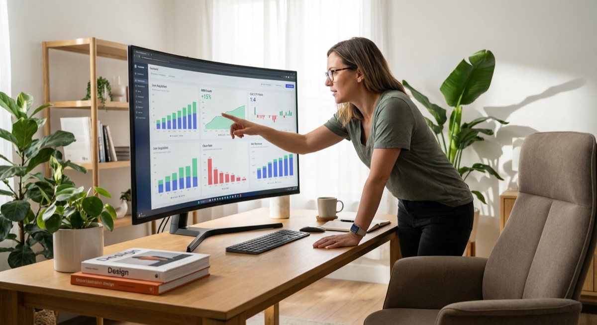 Entrepreneur analyzing Facebook ad metrics and KPIs on computer