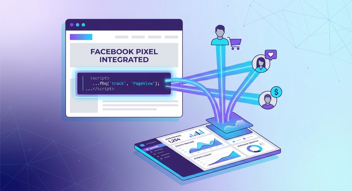 Facebook Pixel installation diagram showing how tracking connects website visitors to ads