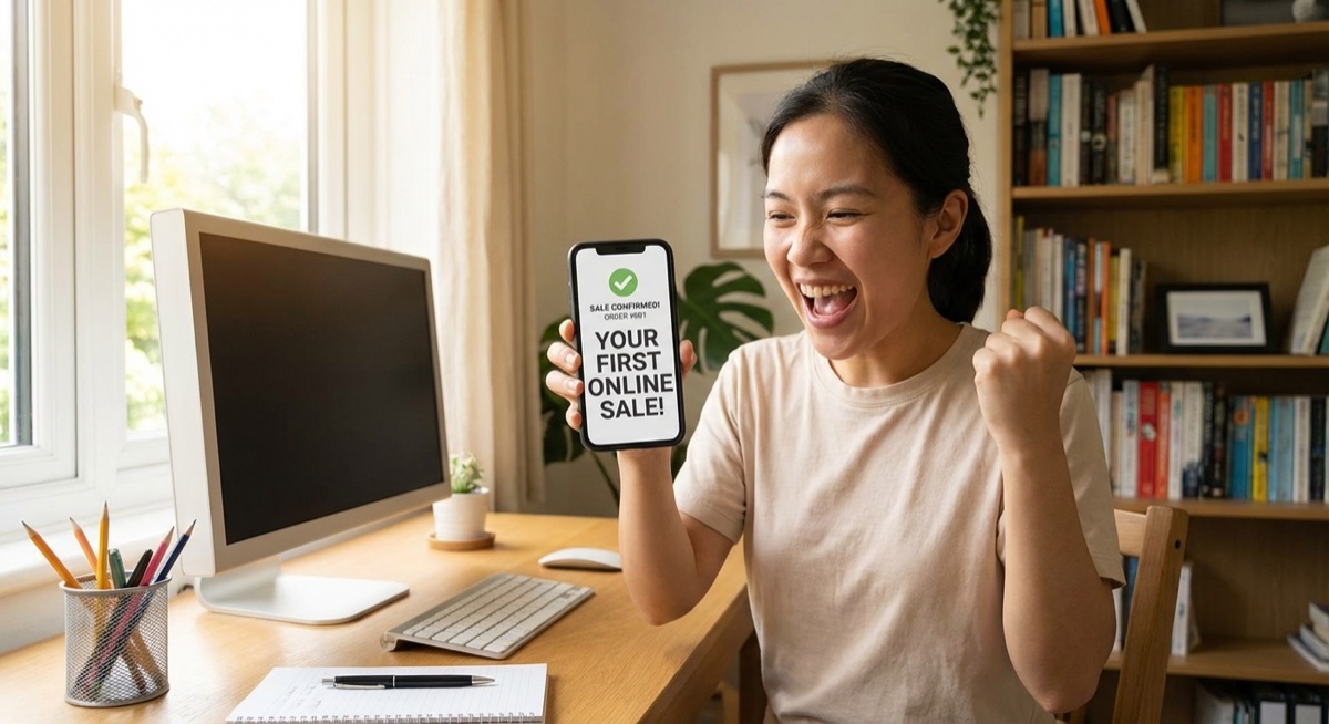 Entrepreneur celebrating first sale notification from print on demand store