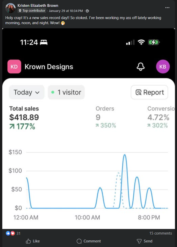 Kirsten Brown Skup student testimonial showing record $418 sales day