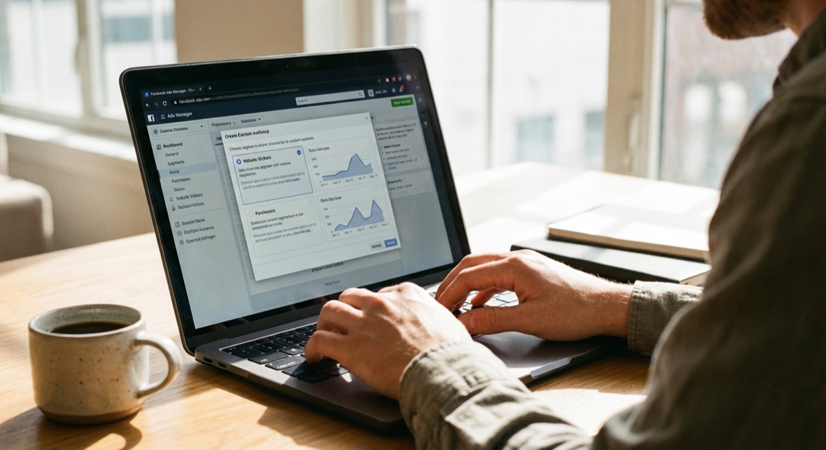 Creating a custom audience in Facebook Ads Manager on laptop