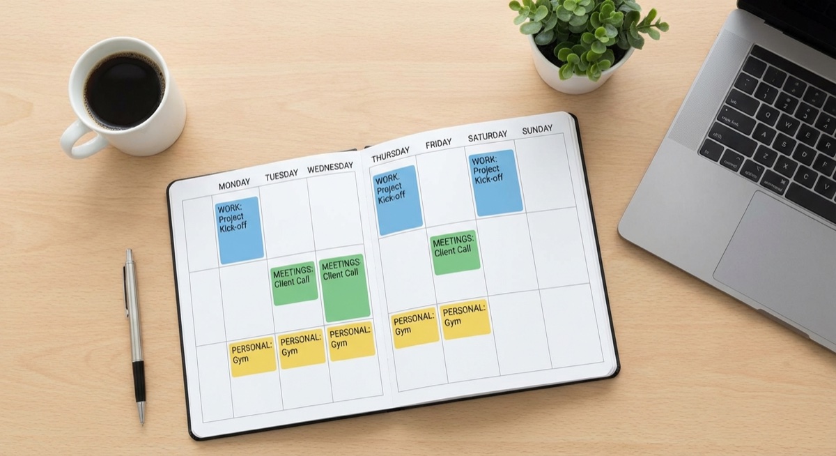 Weekly planner with color-coded time blocks for productivity