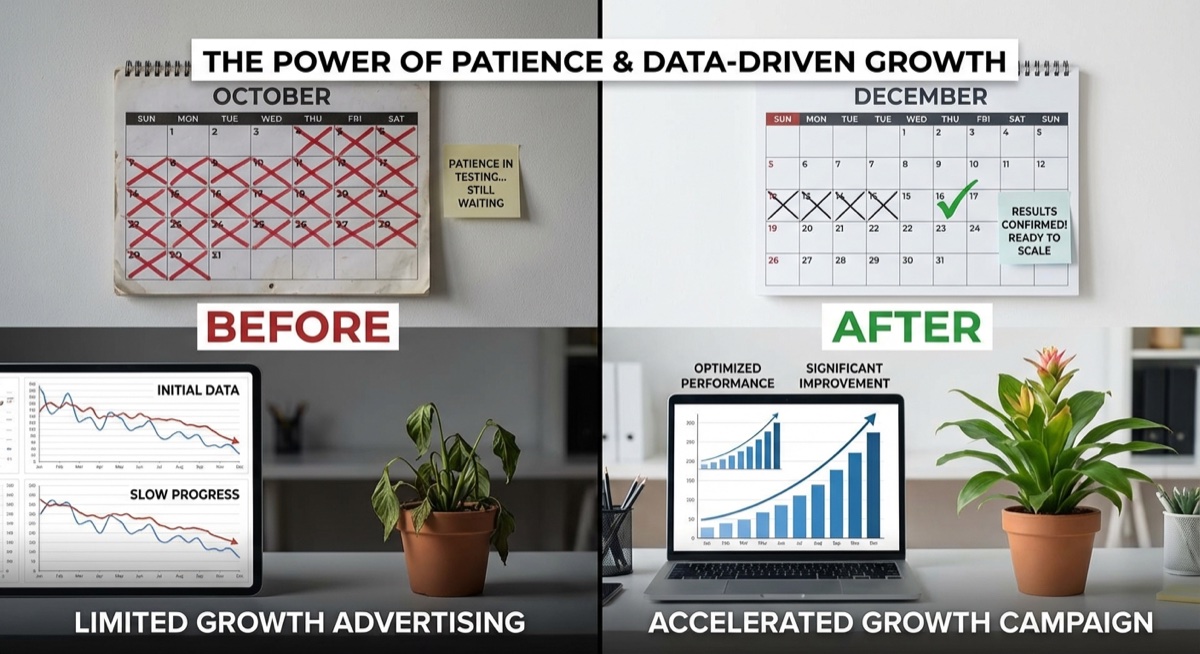 Visual representation of patience in testing Facebook ads over time