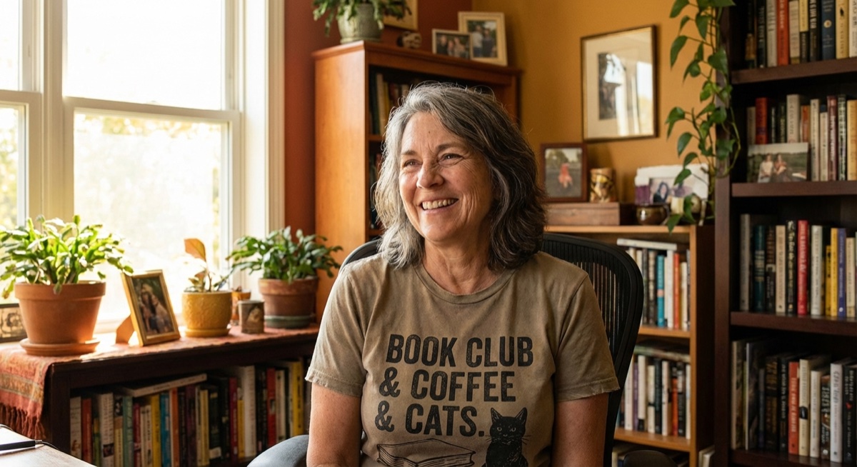 Happy customer wearing custom printed t-shirt in home setting