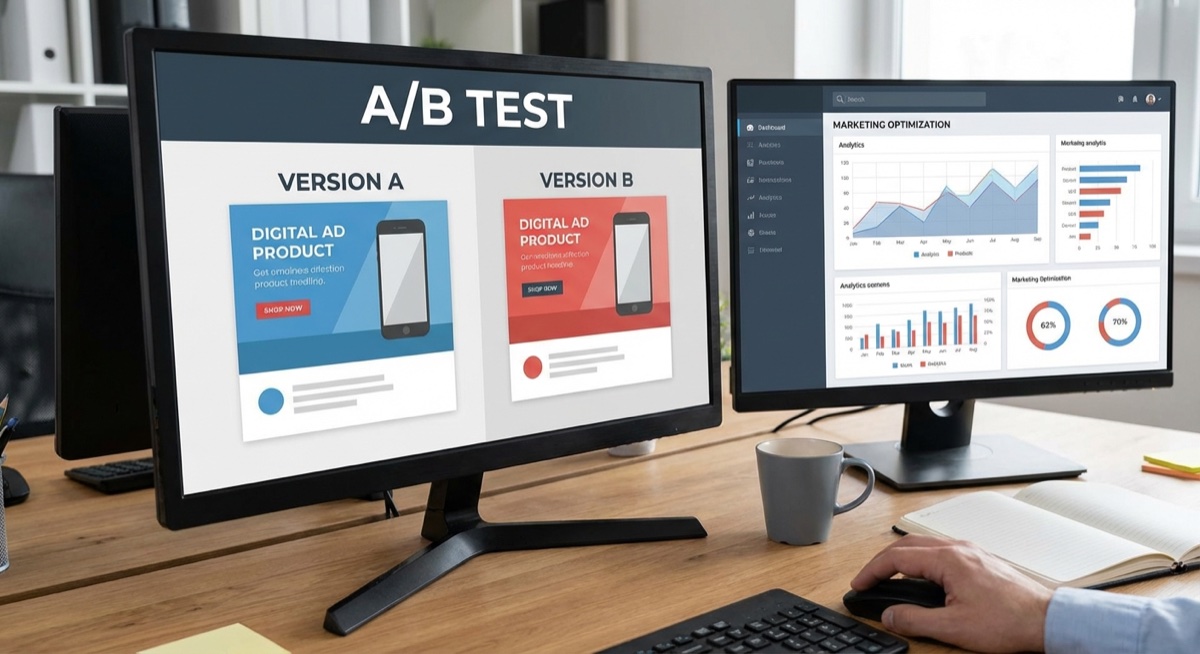 A/B testing concept showing two versions of an ad side by side