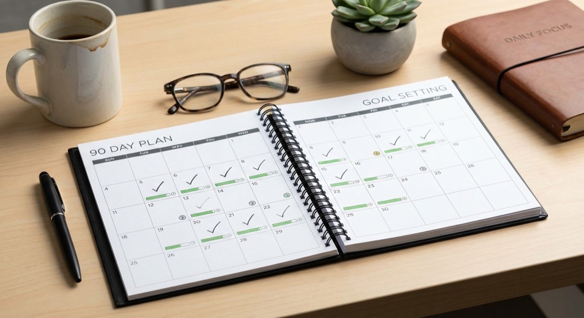 Calendar with progress tracking and 90 day plan for goal setting