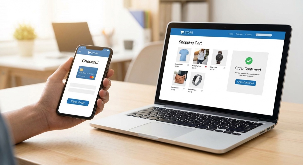Ecommerce checkout process on mobile phone and laptop