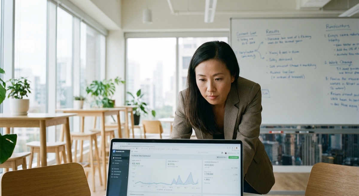 Entrepreneur analyzing print on demand data on laptop showing sales charts and Facebook ads dashboard