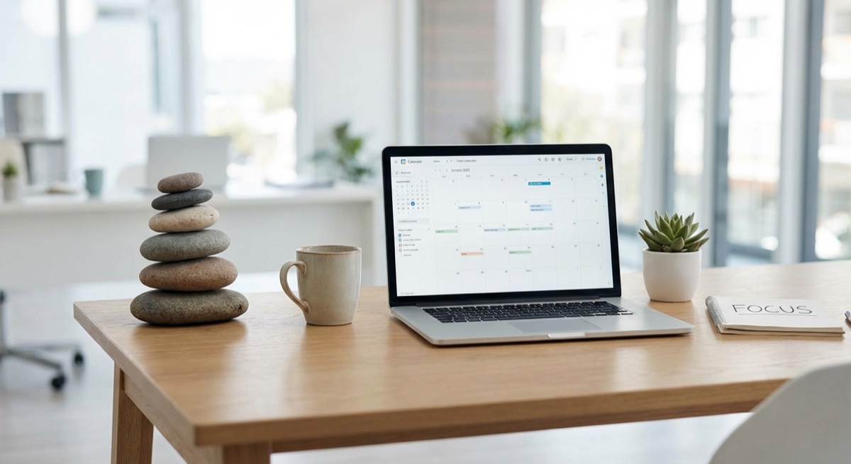 Focus and discipline concept with zen stone stack on desk