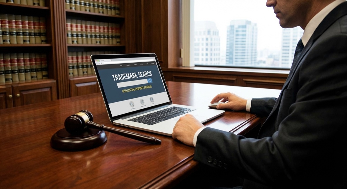 Legal compliance concept with gavel and computer showing trademark search
