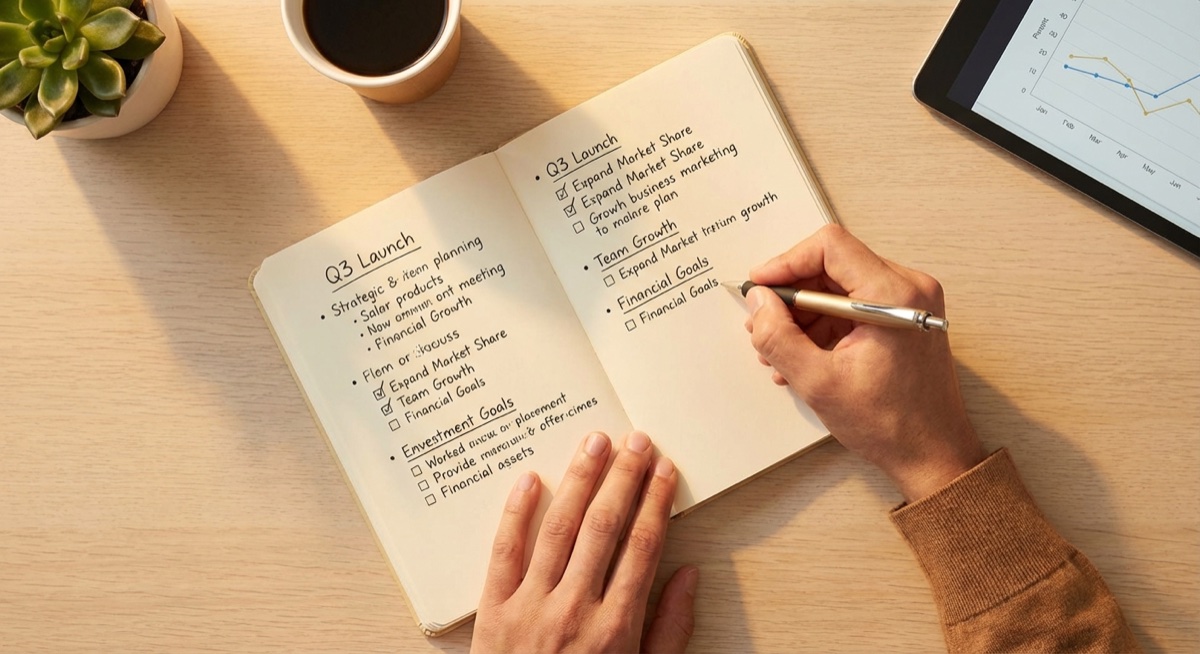 Person taking notes and planning business strategy with pen and paper