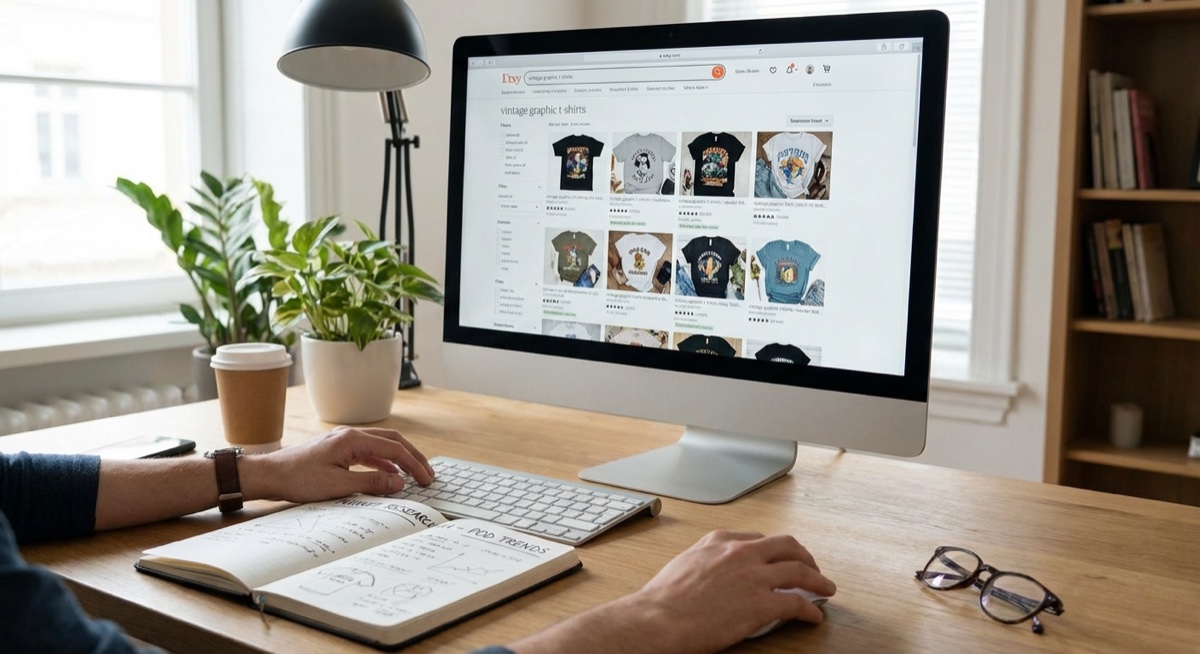 Design research process showing computer screen with Etsy product search results