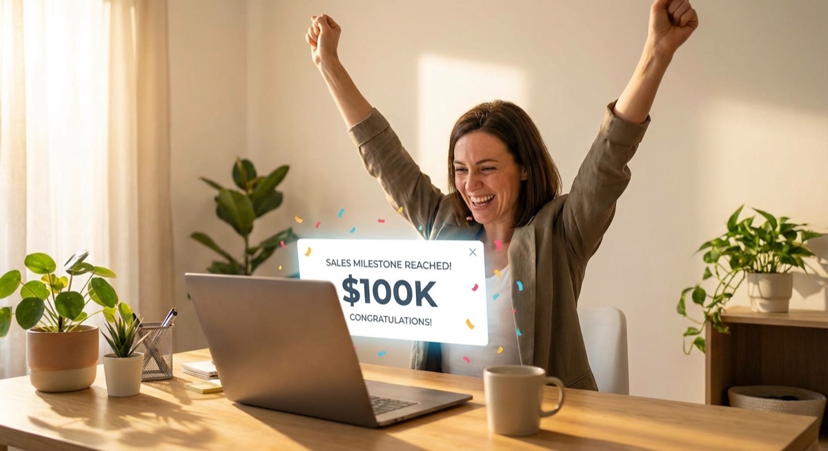 Entrepreneur celebrating success at desk with laptop showing sales