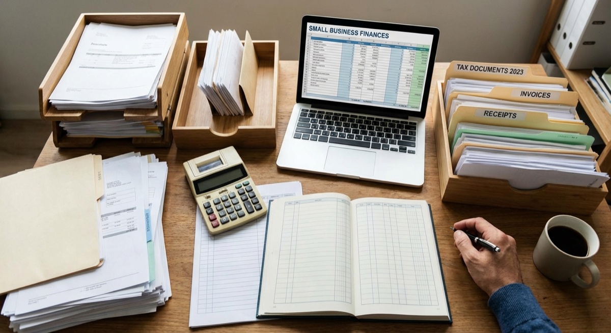 Tax documents and calculator on desk for small business finances