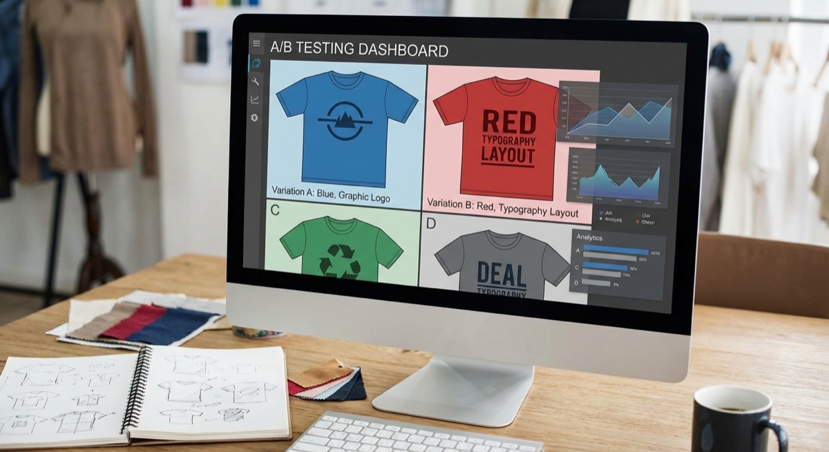 Multiple t-shirt design variations displayed for A/B testing