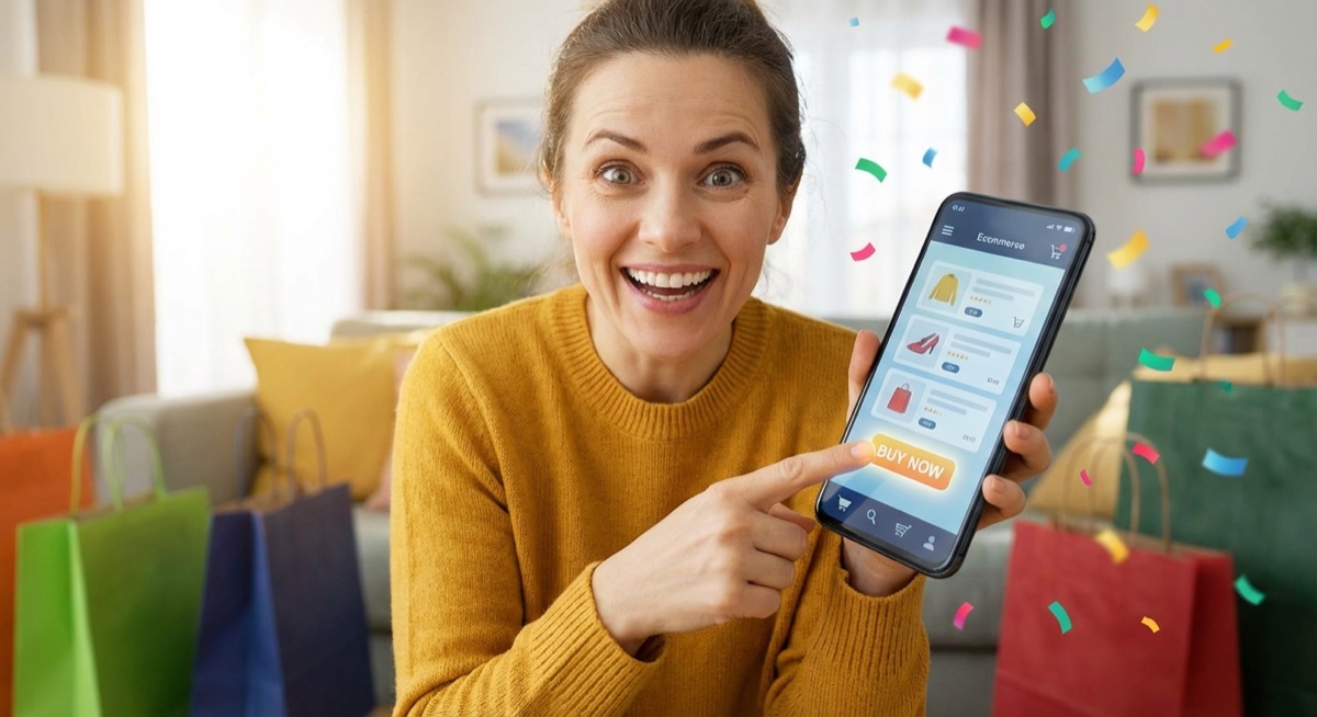 Customer clicking buy button on mobile phone