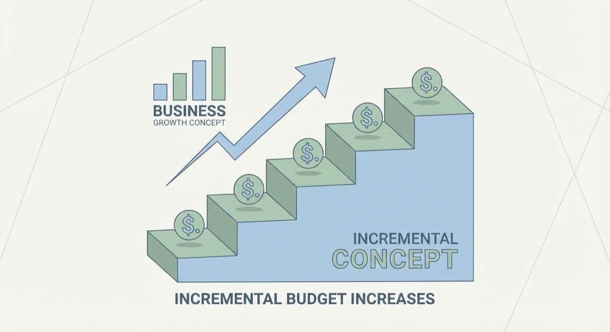 Incremental budget scaling strategy visualization showing step-by-step growth for Facebook ads