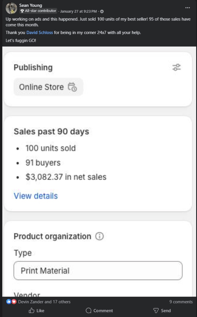 Sean Young Skup student screenshot showing 100 units sold of bestselling design