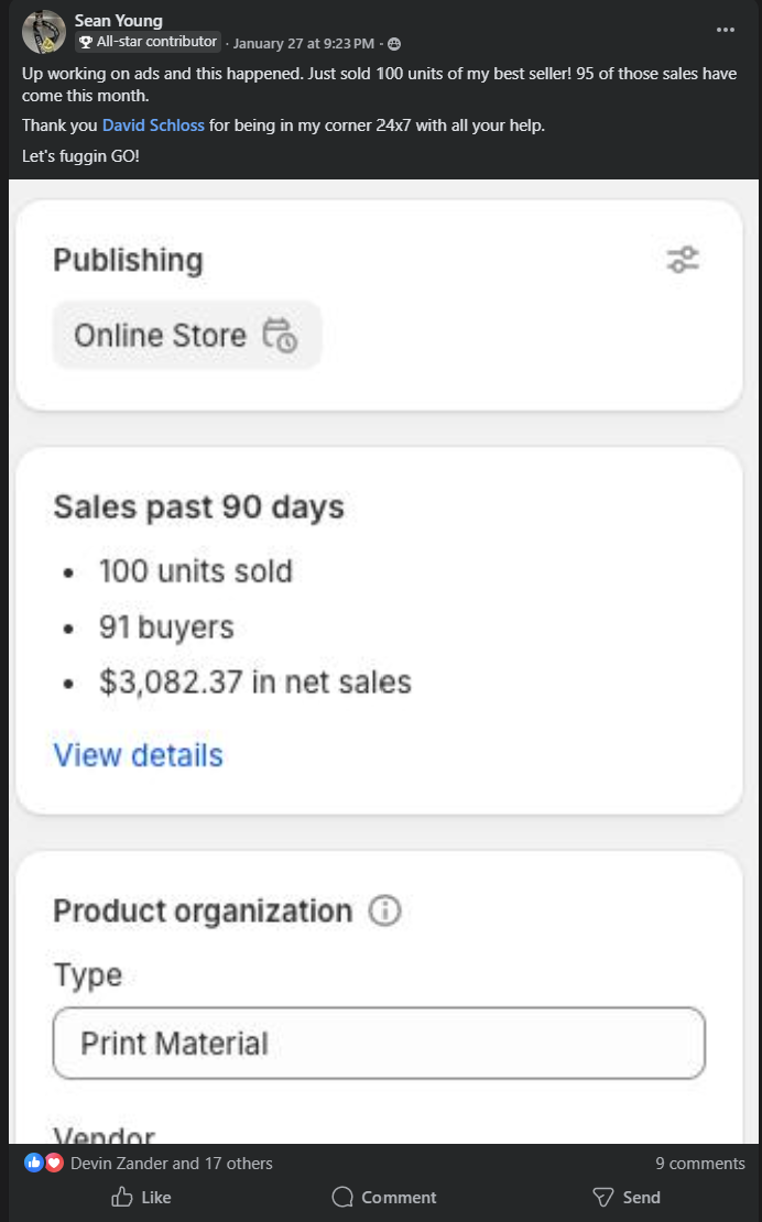 Sean Young Skup student testimonial showing 100 units sold of best seller