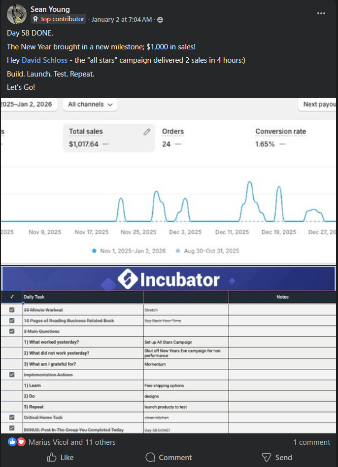 Sean Young student results - $1000 sales milestone with Skup training