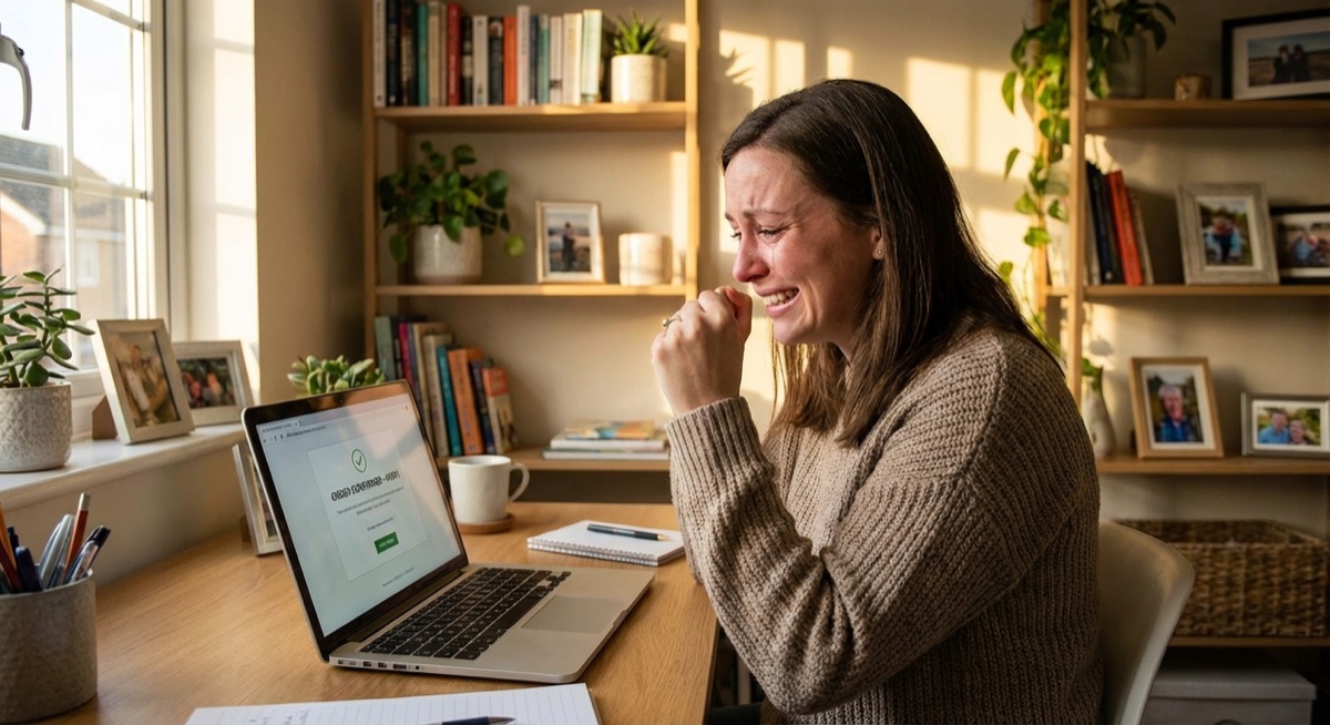 Happy print on demand entrepreneur celebrating first sale success on laptop