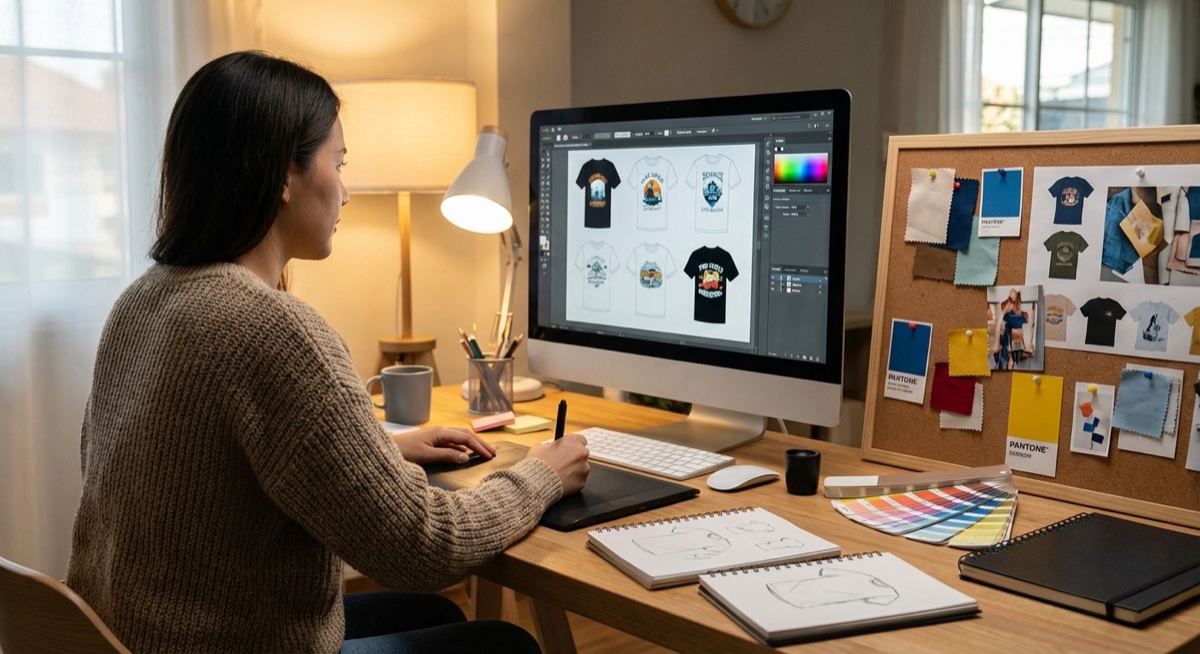 Print on demand designer creating multiple variations of a t-shirt design on screen