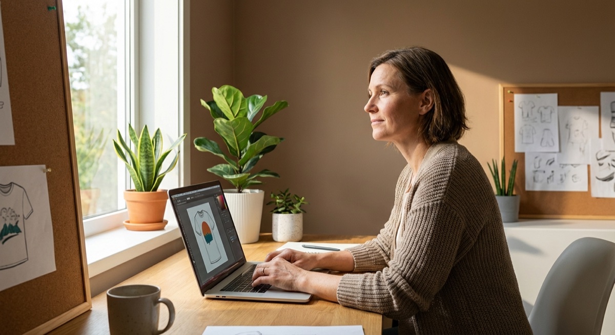 Print on demand beginner working on laptop designing t-shirts for their first online store