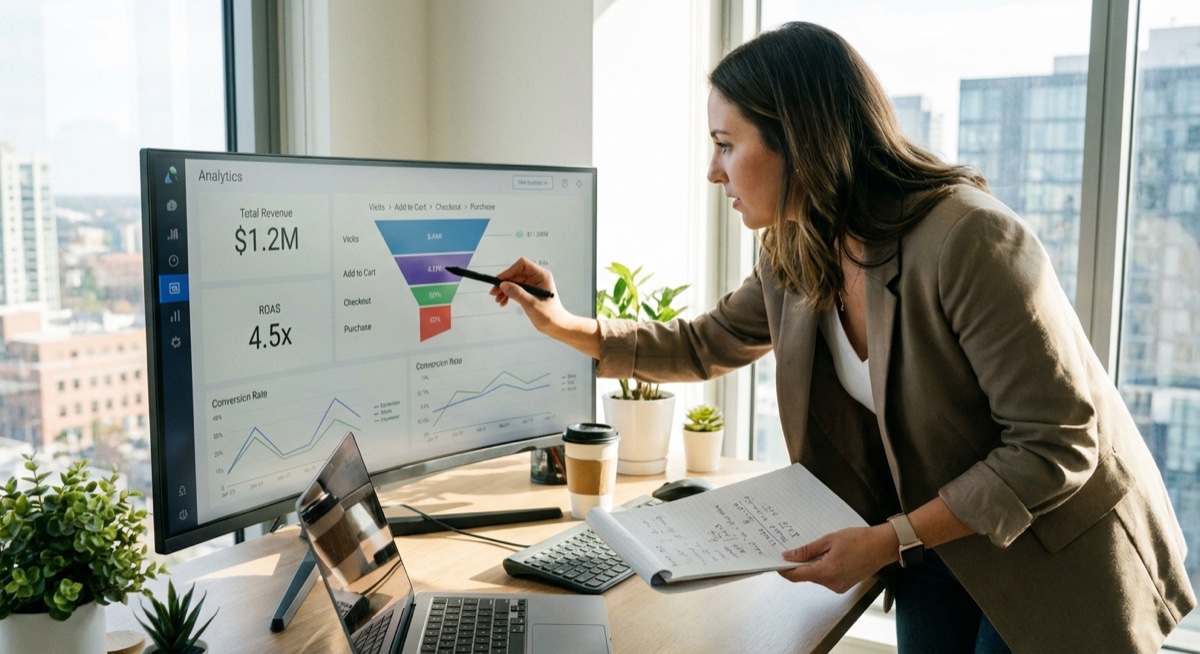 Print on demand seller analyzing Facebook ads performance metrics on computer screen