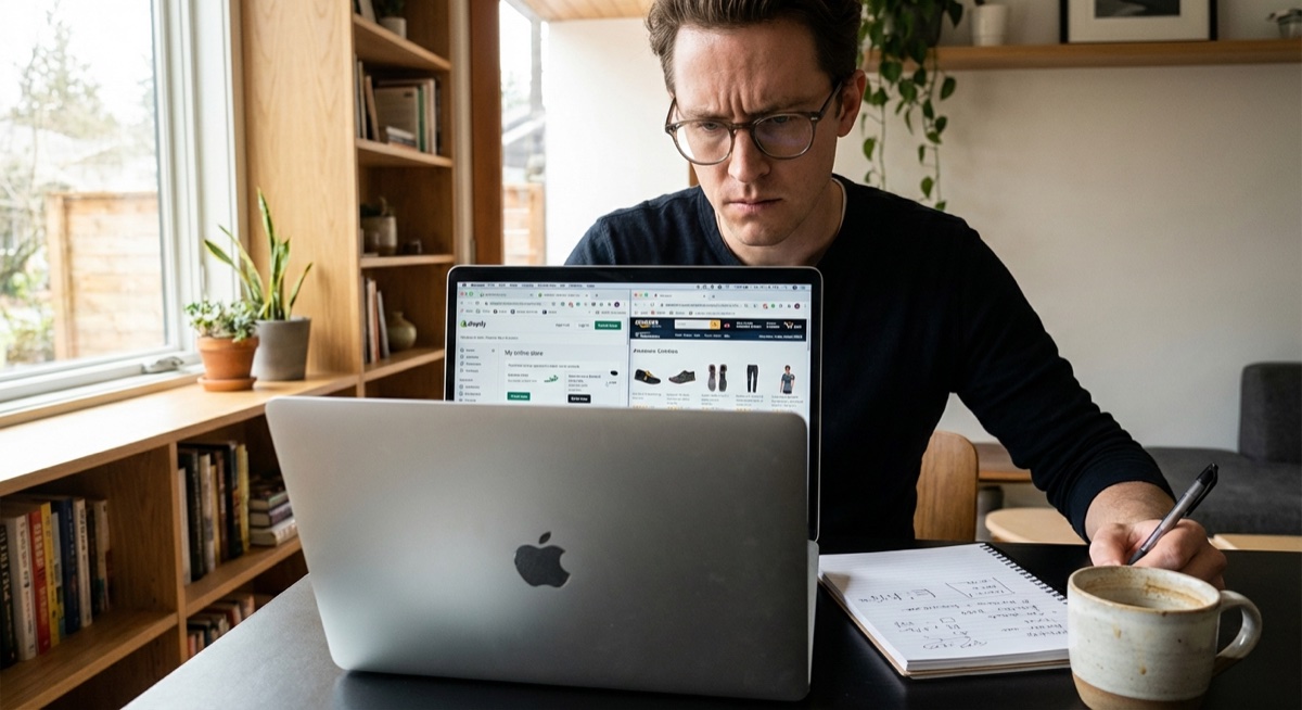 Entrepreneur researching print on demand niches on computer with multiple browser tabs open