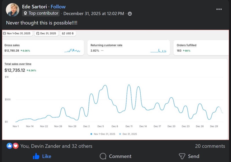 Skup student Ede Sartori showing $12,735 in sales in 2 months