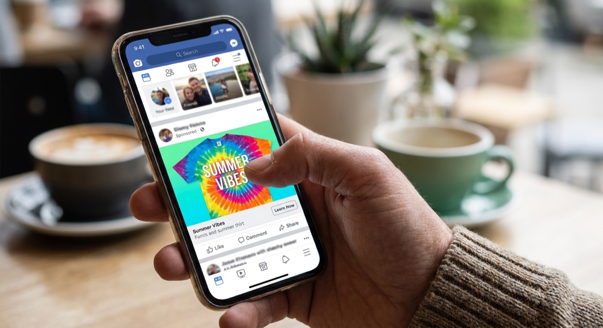 Person scrolling Facebook feed and stopping on a bright t-shirt ad