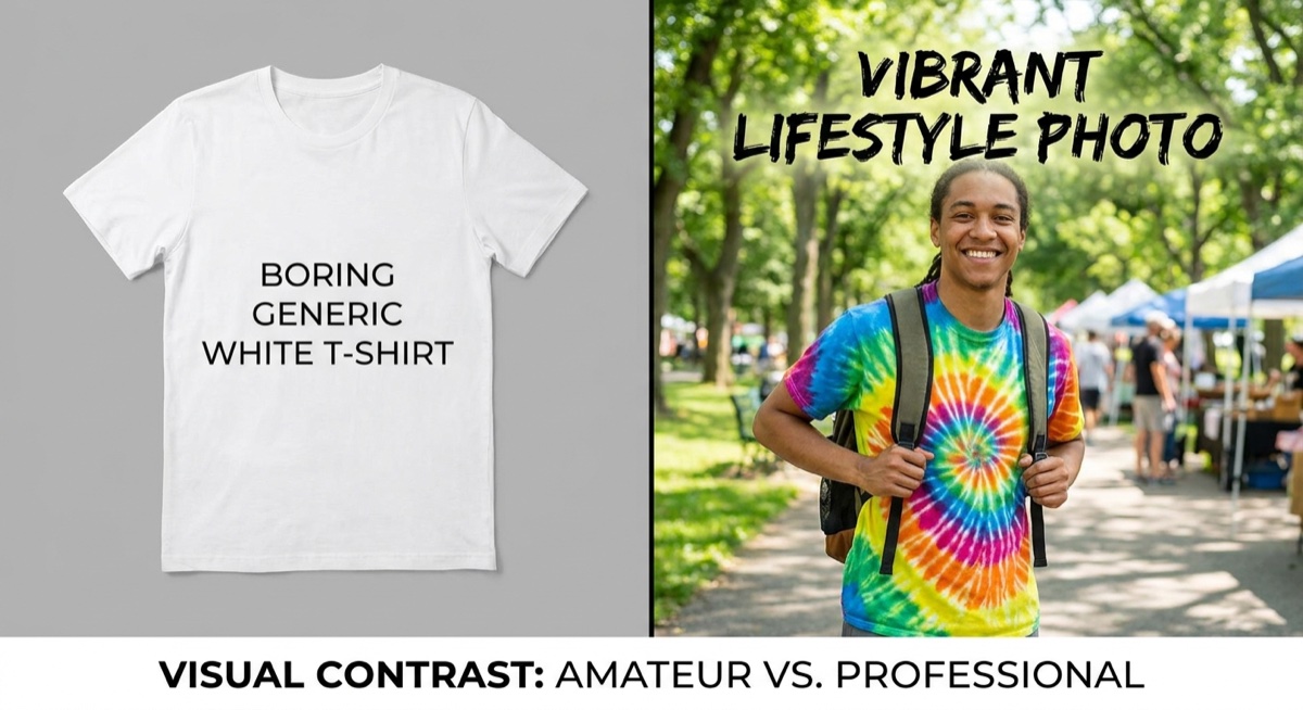 Comparison of boring flat mockup versus vibrant lifestyle product photo