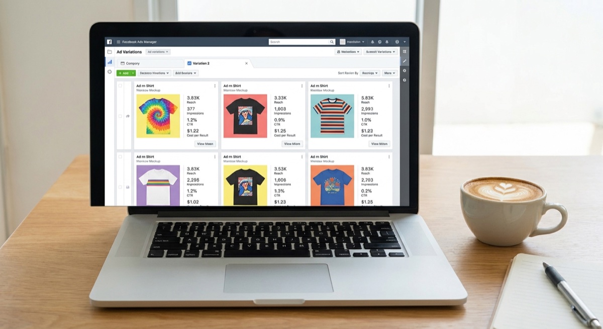 Facebook Ads Manager dashboard showing multiple ad variations being tested