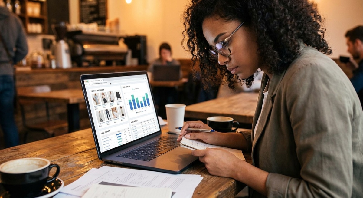 POD seller analyzing trending products and bestsellers on marketplace websites