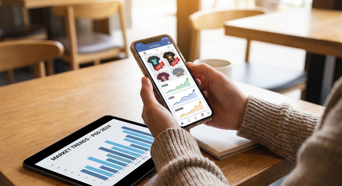 Mobile device showing social proof and design performance metrics for print on demand